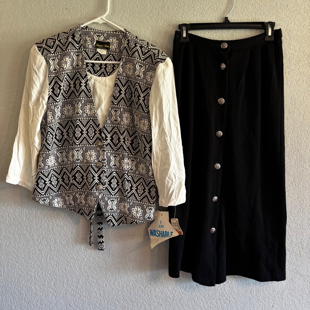 Vtg 90s Stuart Alan 2 Piece Skirt Jacket Set 10 Black White Country Western READ